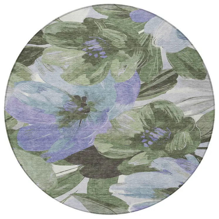 8' Olive Green And Fern Green Round Floral Washable Indoor Outdoor Area Rug
