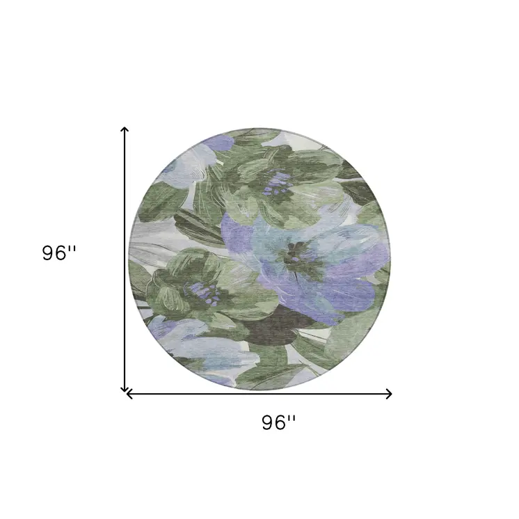 8' Olive Green And Fern Green Round Floral Washable Indoor Outdoor Area Rug
