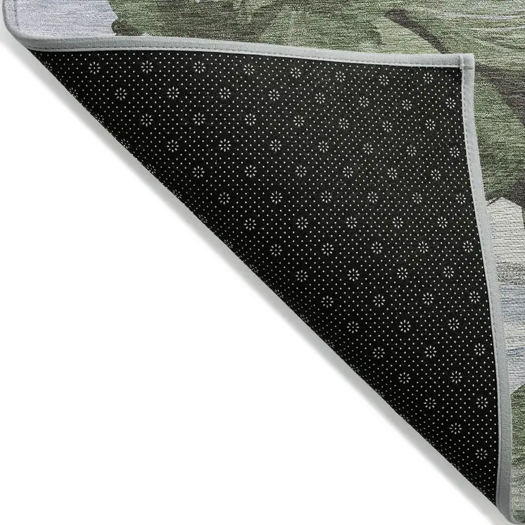 9' X 12' Olive Green And Fern Green Floral Washable Indoor Outdoor Area Rug