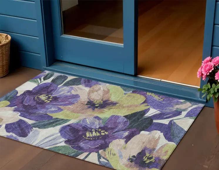 3' X 5' Purple And Lavender Floral Washable Indoor Outdoor Area Rug