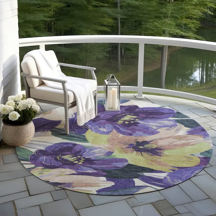 8' Purple And Lavender Round Floral Washable Indoor Outdoor Area Rug