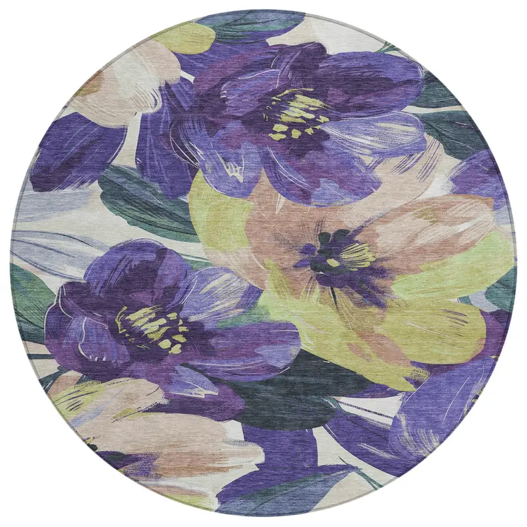 8' Purple And Lavender Round Floral Washable Indoor Outdoor Area Rug