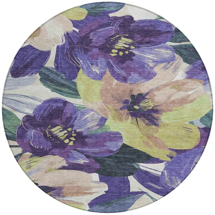 8' Purple And Lavender Round Floral Washable Indoor Outdoor Area Rug