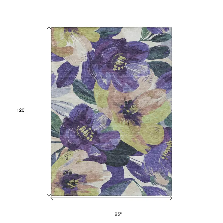 8' X 10' Purple And Lavender Floral Washable Indoor Outdoor Area Rug