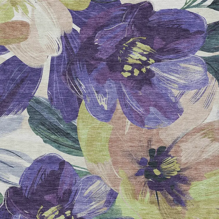 9' X 12' Purple And Lavender Floral Washable Indoor Outdoor Area Rug