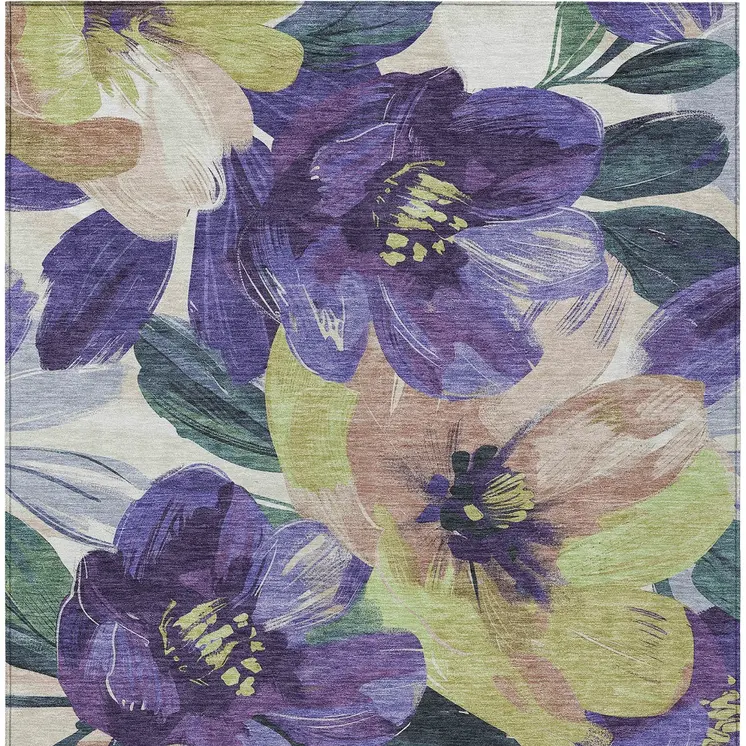 10' X 14' Purple And Lavender Floral Washable Indoor Outdoor Area Rug
