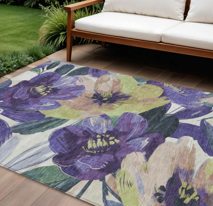 10' X 14' Purple And Lavender Floral Washable Indoor Outdoor Area Rug