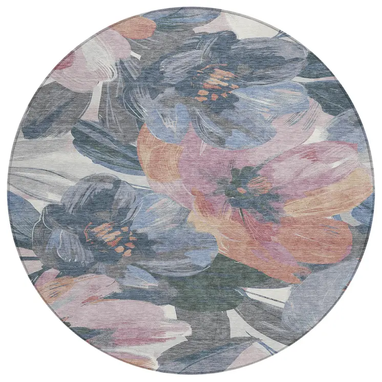8' Pewter And Gray Round Floral Washable Indoor Outdoor Area Rug