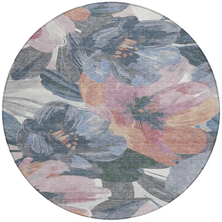 8' Pewter And Gray Round Floral Washable Indoor Outdoor Area Rug