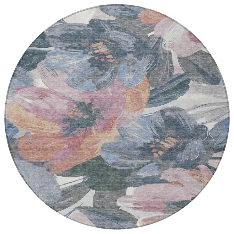8' Pewter And Gray Round Floral Washable Indoor Outdoor Area Rug