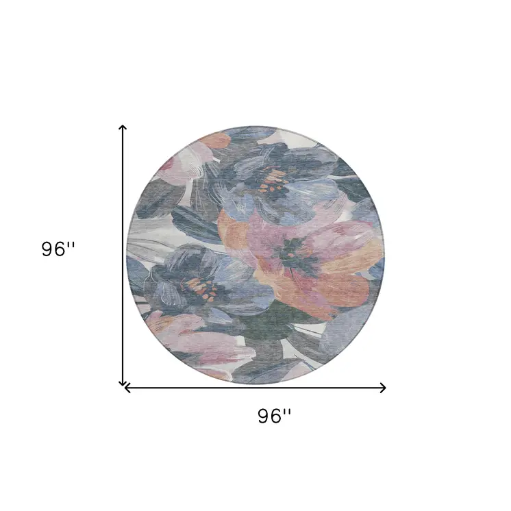 8' Pewter And Gray Round Floral Washable Indoor Outdoor Area Rug
