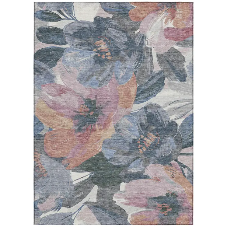 10' X 14' Pewter And Gray Floral Washable Indoor Outdoor Area Rug