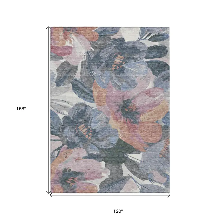10' X 14' Pewter And Gray Floral Washable Indoor Outdoor Area Rug