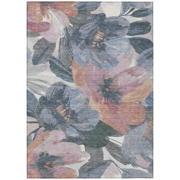 10' X 14' Pewter And Gray Floral Washable Indoor Outdoor Area Rug
