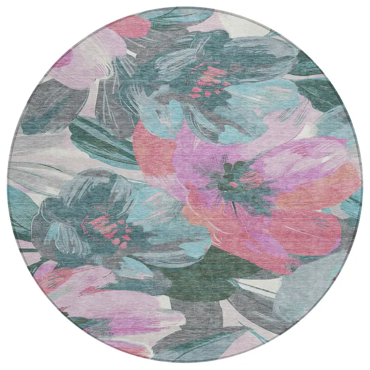 8' Teal Blue And Aqua Round Floral Washable Indoor Outdoor Area Rug
