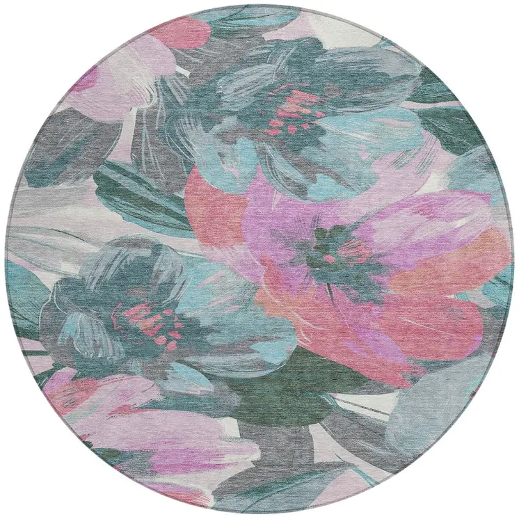 8' Teal Blue And Aqua Round Floral Washable Indoor Outdoor Area Rug