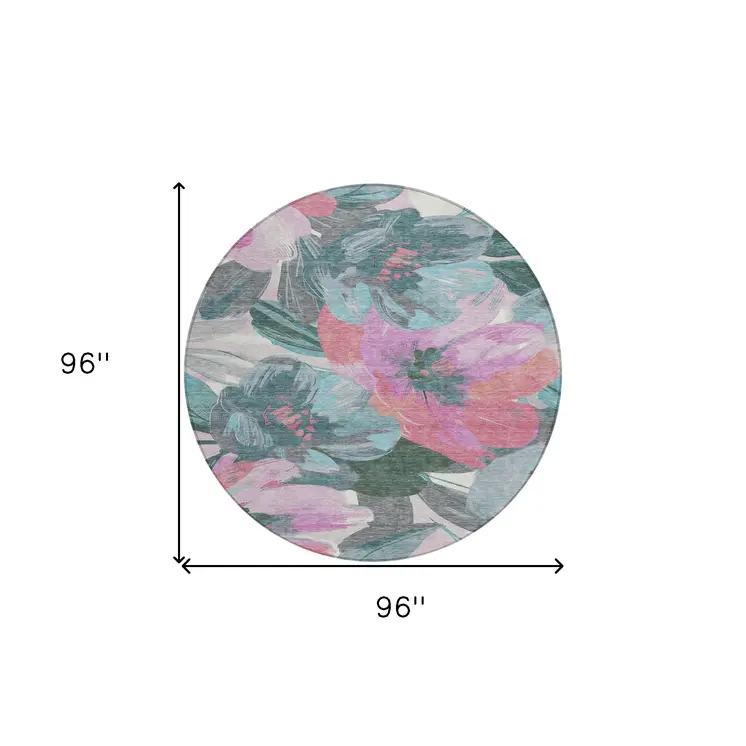 8' Teal Blue And Aqua Round Floral Washable Indoor Outdoor Area Rug