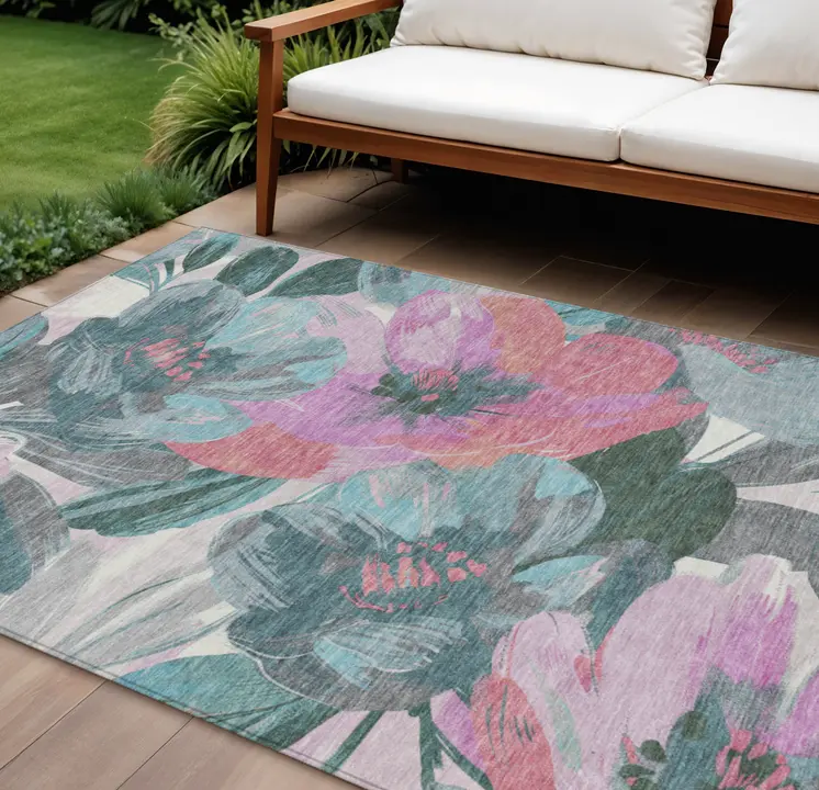 8' X 10' Teal Blue And Aqua Floral Washable Indoor Outdoor Area Rug