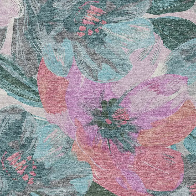 8' X 10' Teal Blue And Aqua Floral Washable Indoor Outdoor Area Rug