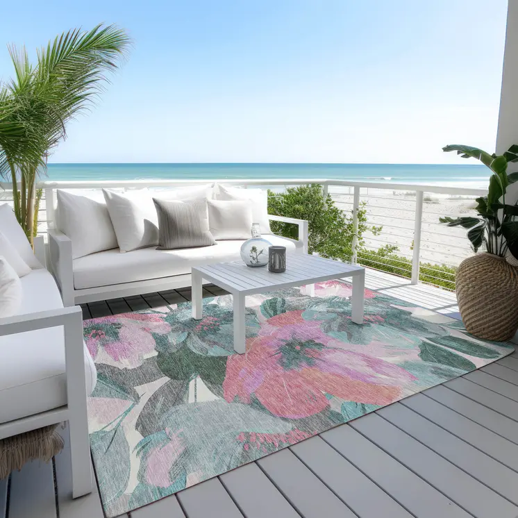 9' X 12' Teal Blue And Aqua Floral Washable Indoor Outdoor Area Rug