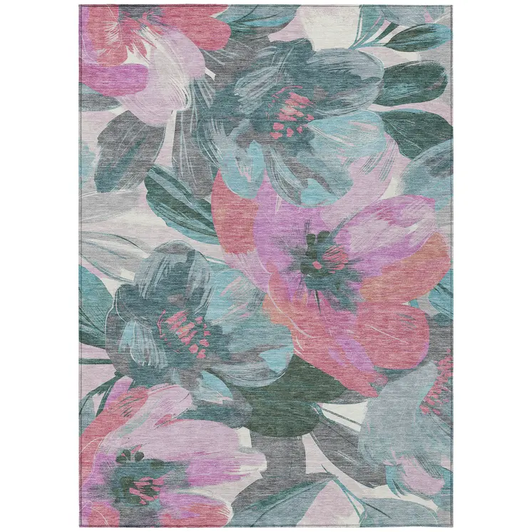 9' X 12' Teal Blue And Aqua Floral Washable Indoor Outdoor Area Rug