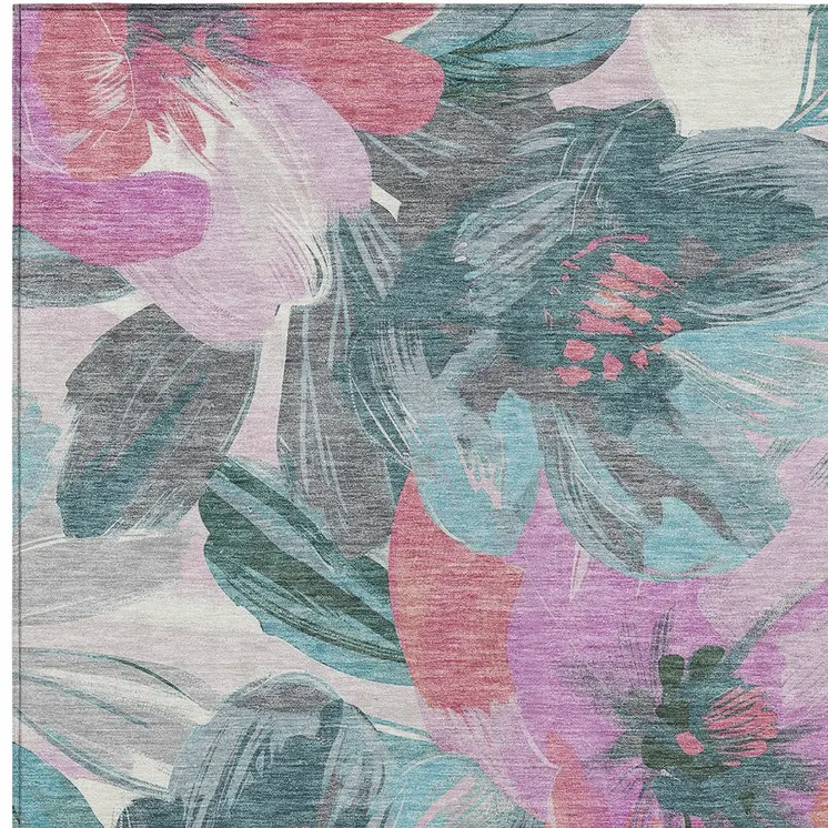 9' X 12' Teal Blue And Aqua Floral Washable Indoor Outdoor Area Rug