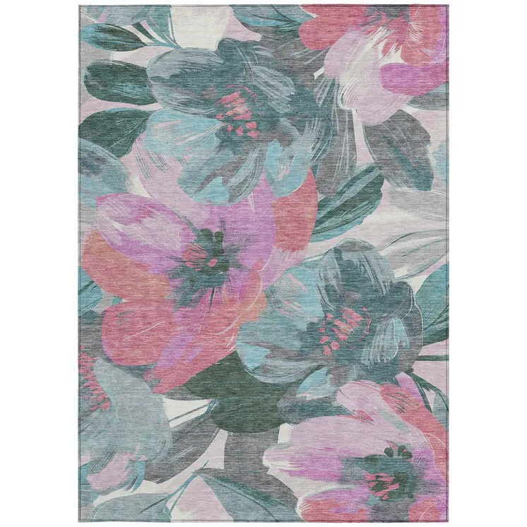 10' X 14' Teal Blue And Aqua Floral Washable Indoor Outdoor Area Rug