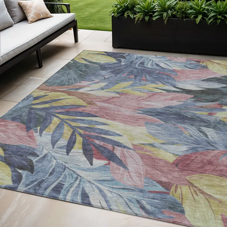 5' X 8' Denim Blue And Blush Floral Washable Indoor Outdoor Area Rug