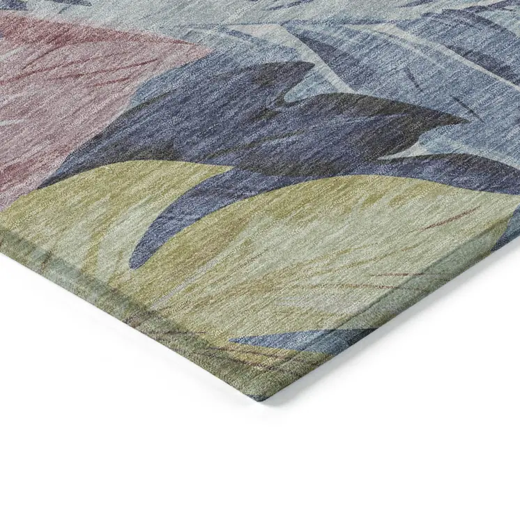 5' X 8' Denim Blue And Blush Floral Washable Indoor Outdoor Area Rug