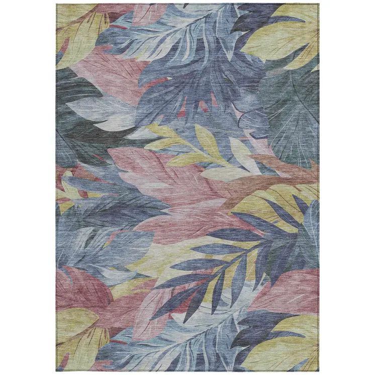 5' X 8' Denim Blue And Blush Floral Washable Indoor Outdoor Area Rug