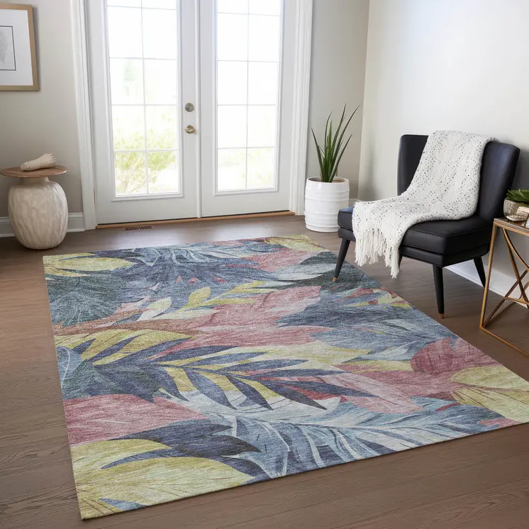 5' X 8' Denim Blue And Blush Floral Washable Indoor Outdoor Area Rug