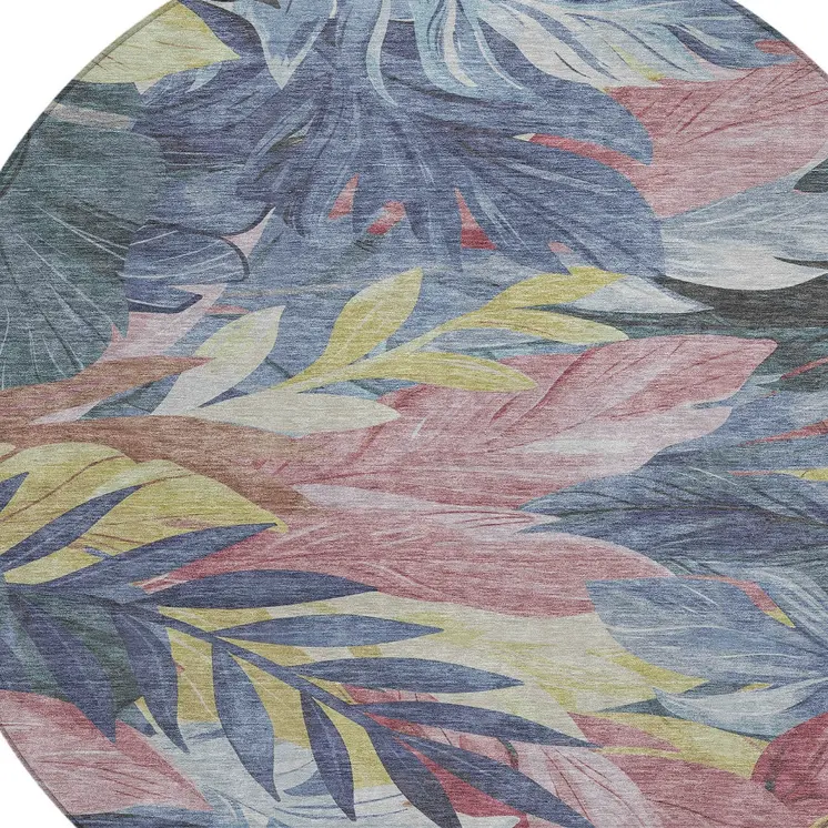 8' Denim Blue And Blush Round Floral Washable Indoor Outdoor Area Rug