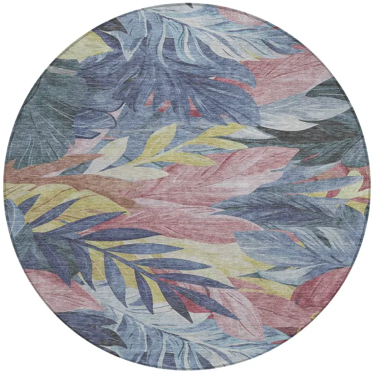 8' Denim Blue And Blush Round Floral Washable Indoor Outdoor Area Rug