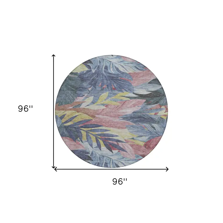8' Denim Blue And Blush Round Floral Washable Indoor Outdoor Area Rug