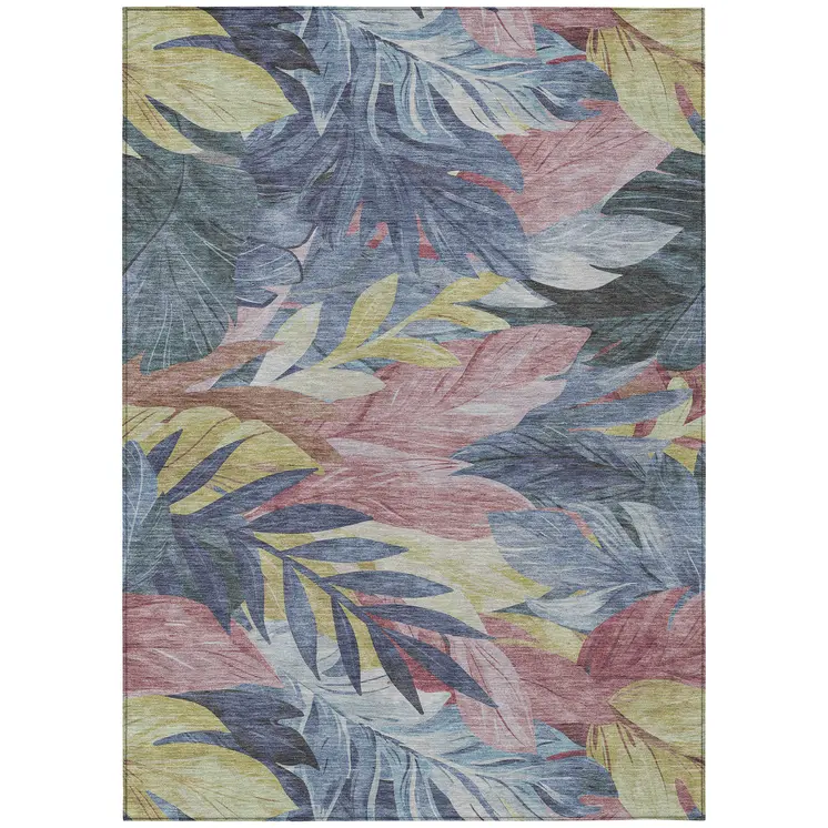 8' X 10' Denim Blue And Blush Floral Washable Indoor Outdoor Area Rug