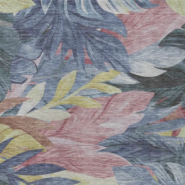 8' X 10' Denim Blue And Blush Floral Washable Indoor Outdoor Area Rug