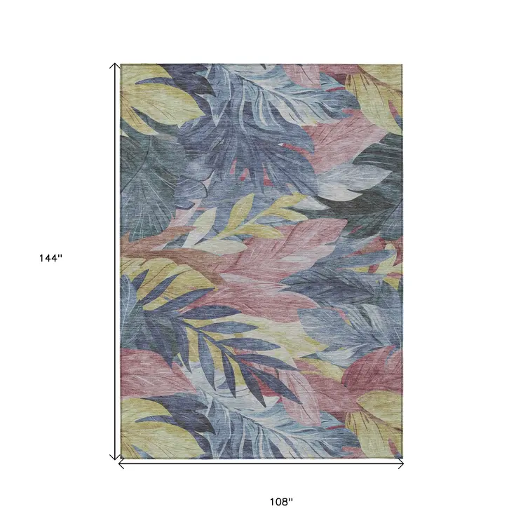 9' X 12' Denim Blue And Blush Floral Washable Indoor Outdoor Area Rug