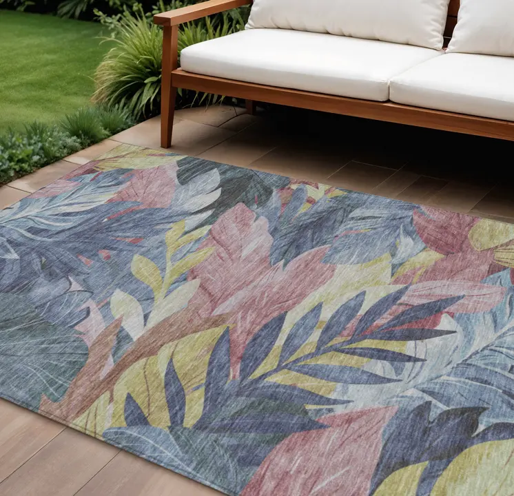 9' X 12' Denim Blue And Blush Floral Washable Indoor Outdoor Area Rug