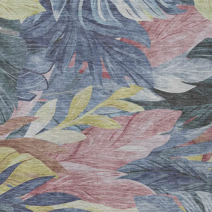 9' X 12' Denim Blue And Blush Floral Washable Indoor Outdoor Area Rug