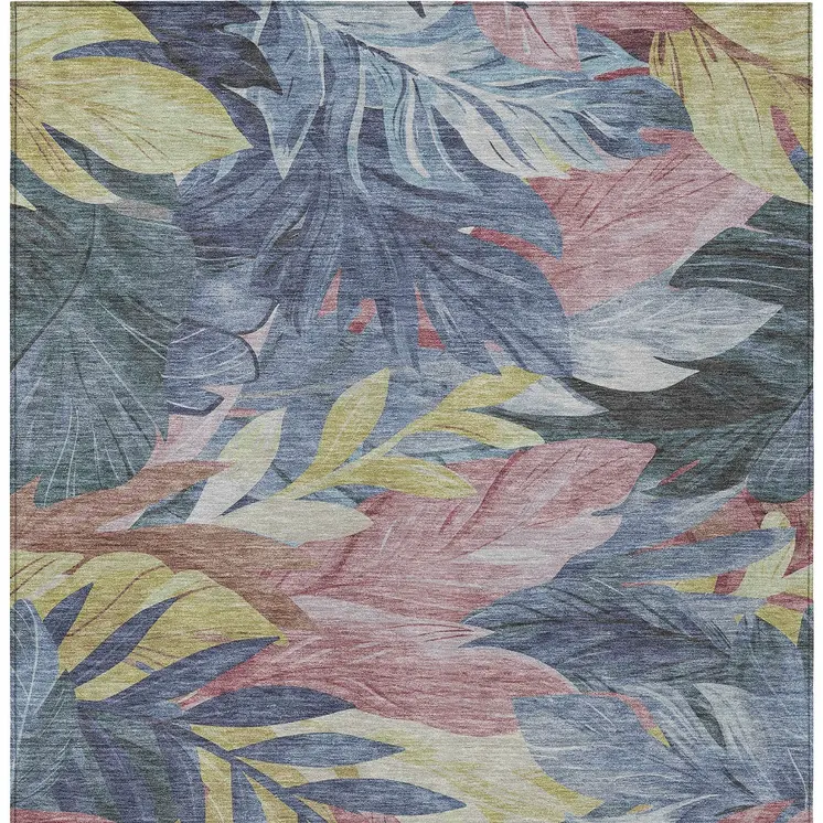 10' X 14' Denim Blue And Blush Floral Washable Indoor Outdoor Area Rug