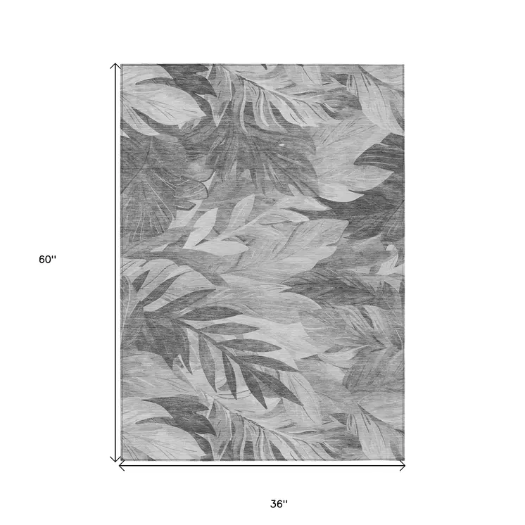 3' X 5' Gray And Silver Floral Washable Indoor Outdoor Area Rug