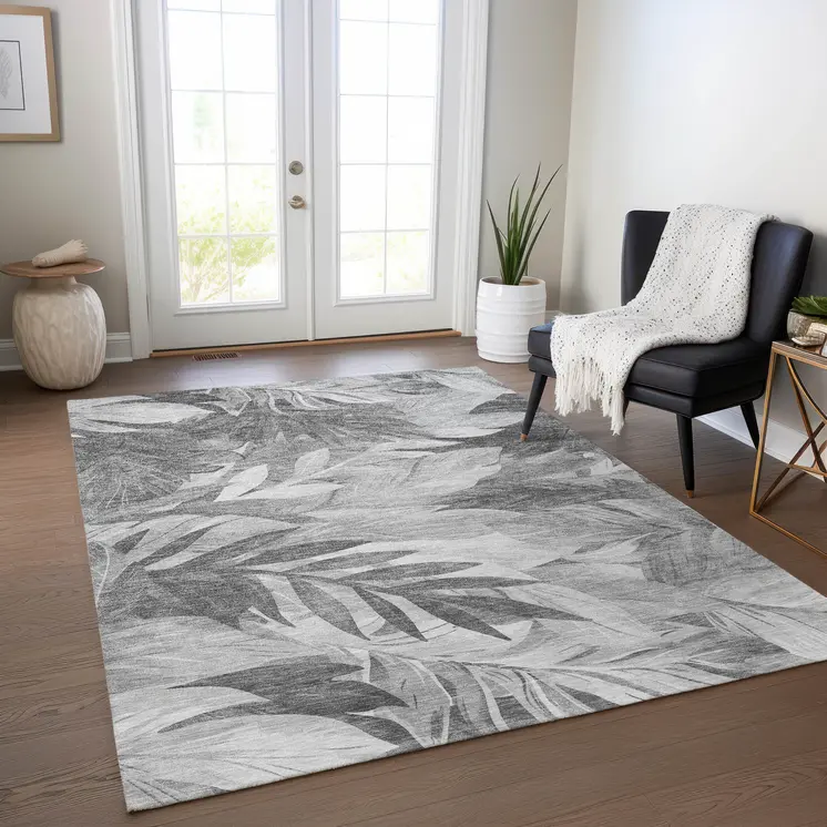 3' X 5' Gray And Silver Floral Washable Indoor Outdoor Area Rug