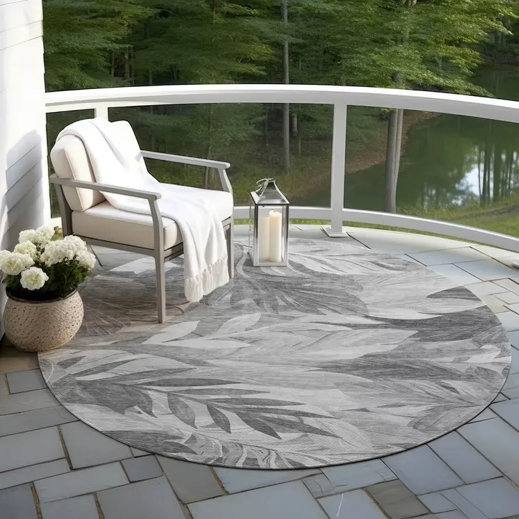 8' Gray And Silver Round Floral Washable Indoor Outdoor Area Rug