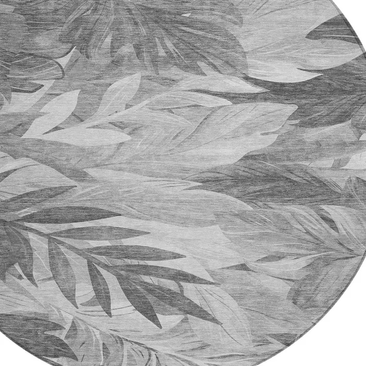 8' Gray And Silver Round Floral Washable Indoor Outdoor Area Rug