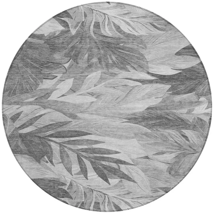8' Gray And Silver Round Floral Washable Indoor Outdoor Area Rug