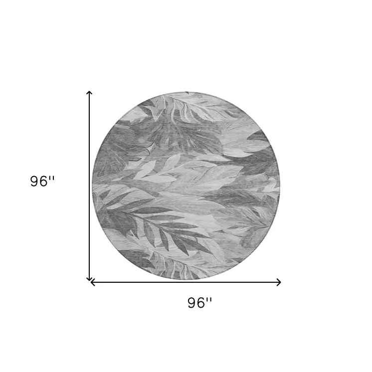 8' Gray And Silver Round Floral Washable Indoor Outdoor Area Rug