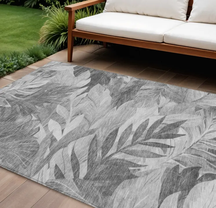 9' X 12' Gray And Silver Floral Washable Indoor Outdoor Area Rug