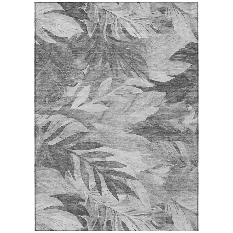 9' X 12' Gray And Silver Floral Washable Indoor Outdoor Area Rug