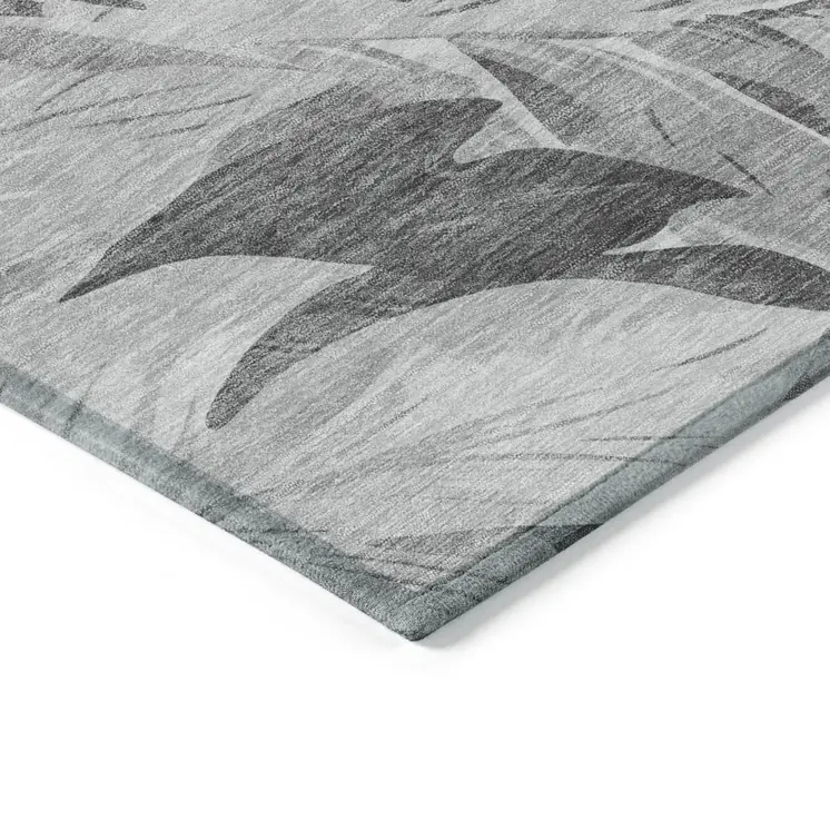 9' X 12' Gray And Silver Floral Washable Indoor Outdoor Area Rug