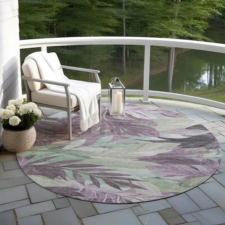 8' Lavender And Lilac Round Floral Washable Indoor Outdoor Area Rug